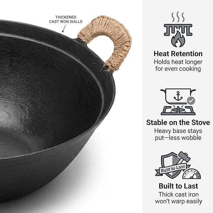 WANGYUANJI Cast Iron Wok Pan with Lid, 13.4 Inch Flat Bottom Large Deep Stir Fry Skillet, Heavy Duty Traditional Chinese Iron Pot for 3-5 People, Induction & Gas Ready