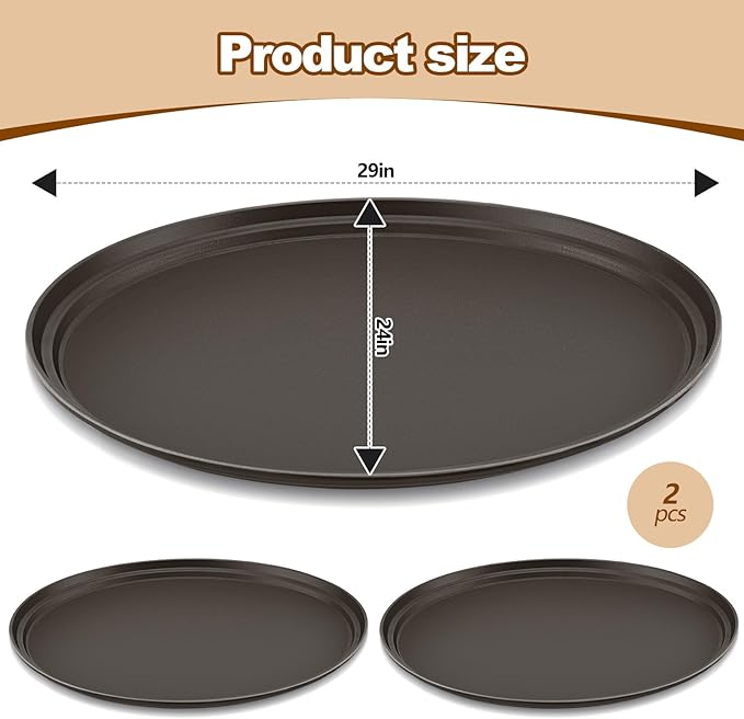 2 Pcs Restaurant Serving Trays PP Plastic Non Slip Rubber Lined Large Oval Tray for Kitchen Dining Room Cafeterias Fast Food Service (24 x 29 Inch,Brown)