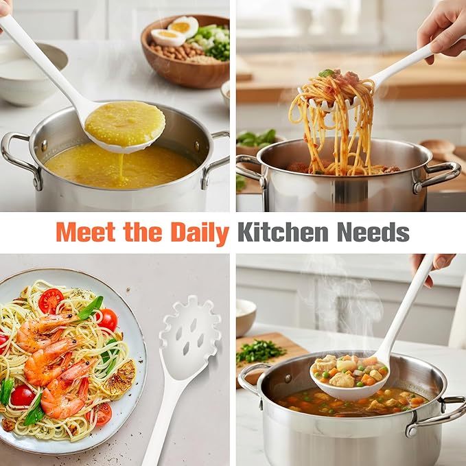 Silicone Spaghetti Spoon&Soup Ladle Cooking Utensils Set of 2,No Scratch for Nonstick Cookware,BPA Free, 450℉Heat Resistant (White)