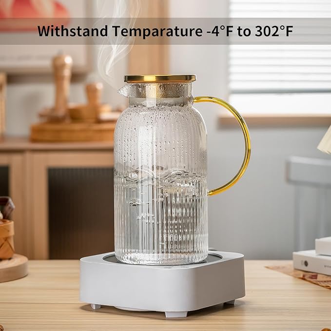 2 PACK Glass Pitcher with Lid, 50 oz/ 1.5 Liter Classic Vertical Stripes Water Pitcher with Yellow Handle,Glass Water Carafe for Cold Brew, Coffee, Lemonade, Iced Sun Tea,Beverage,Heat Resistant