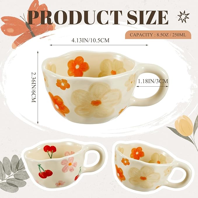 Vesici 2 Pcs Ceramic Coffee Mugs with Spoon, Vintage Floral Spring Mugs with Handle, 8.5 oz Aesthetic Flower Porcelain Tea Cup Set, Dishwasher & Microwave Safe for Home Office Gift(Fresh)