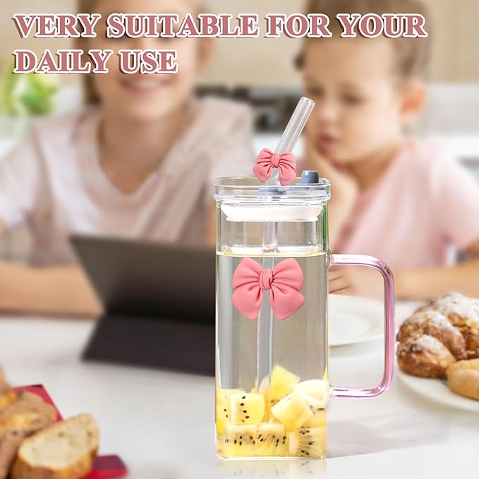 13Oz Square Glass Cups with Lids and Straws，Heat Resistant Glass Tumbler with Handle Bow Knot Transparent Drinking Glasses for Water,Juice,Iced Coffee,Milk,Tea (pink)
