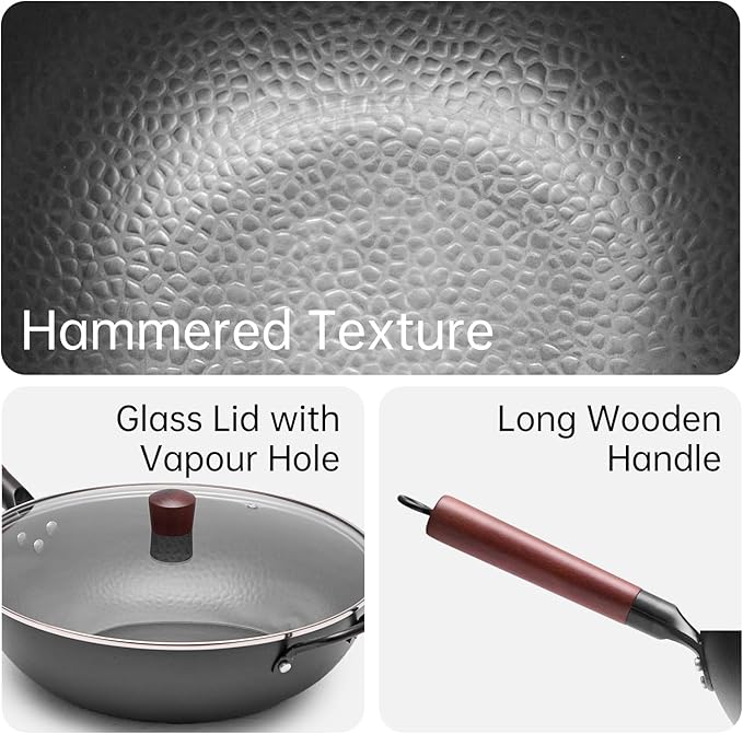 WANGYUANJI 13.4"Carbon Steel Wok Pan with Lid (34cm),Large Flat Bottom Stir Fry Pan for Electric,Induction & Glass Top Stoves, High Stability No-Wobble Design, Lightweight Chinese Cookware, 4-6 People