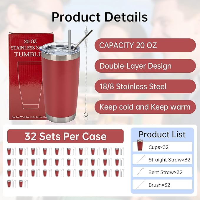 IEOVIEE 32 Pack, 20oz Stainless Steel Bulk Tumblers with Lids and Straws, Double Wall Insulated Travel Coffee Mug, Durable Powder Coated Tumbler Bulk Cup for Cold and Hot Drinks(Red)