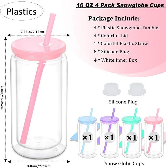 16 oz Plastic Snow Globe Tumbler, 4 Pack Double Wall Snowglobe Tumbler with Pre Drilled Hole, Plastic Mason Jar Cups Can for Snow Globe Glitter DIY ( Mixed Colors )