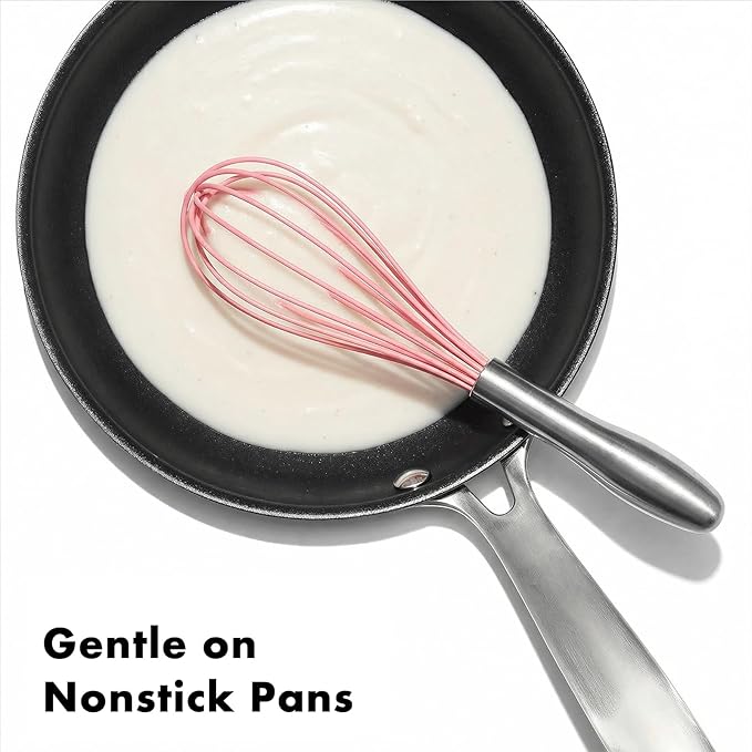 10-Inch Pink Silicone Whisk, Heat Resistant 480°F Kitchen Whisk with Stainless Steel Ergonomic Handle, Non-Scratch for Nonstick Cookware, Dishwasher Safe, Perfect for Blending, Cooking & Beating