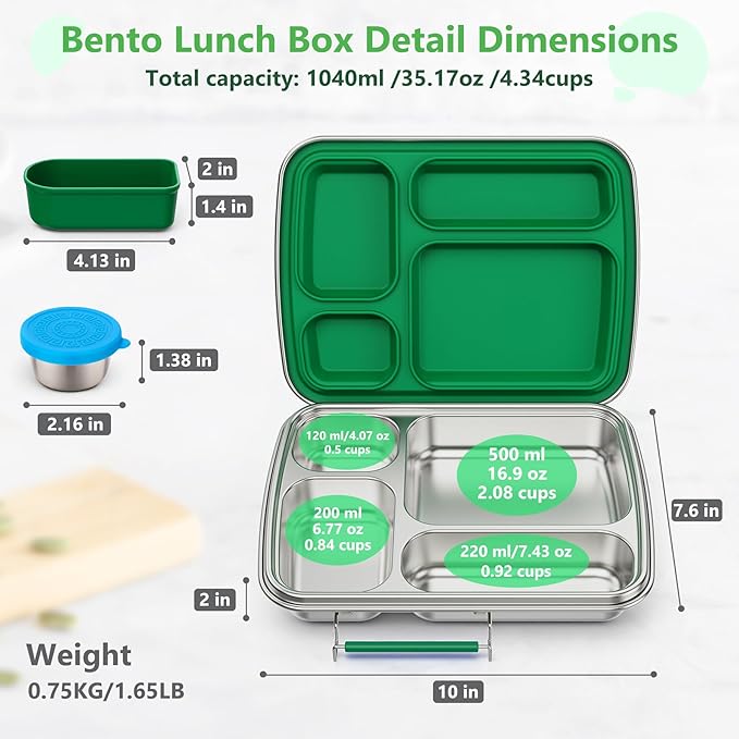 Stainless Steel Bento Lunch Box for Kids & Adults, 4 Compartment Kids Lunch Box, Metal Bento Box with Silicone Container and Stainless Steel Sauce Container,BPA-Free,School,Office(Green)