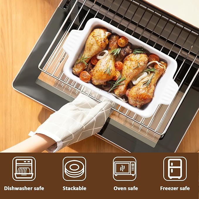 30 Oz Small Baking Dish, 7x4.5 inch Casserole Dishes for Oven, Ceramic Baking Dish with Double Handles for Baking,Lasagna, Pie, Durable Microwave Oven Dishwasher Safe，White