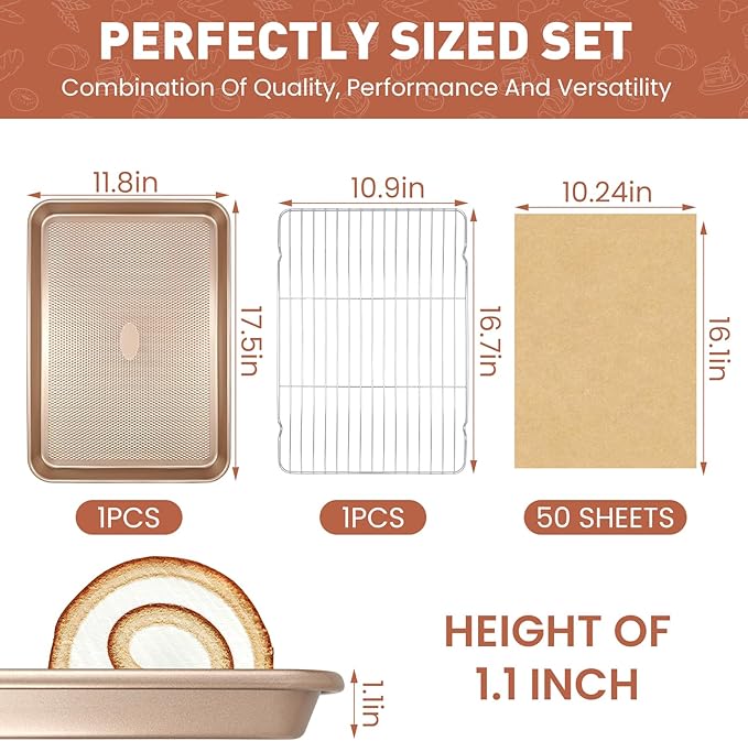 Baing Set, 1 Piece Baking Sheet(17'') & 1 Piece Wired Rack and 50 Piece Parchment Paper, Non-Stick Cookie Sheet with Food Cooling Rack, Heavy Duty & Warp Resistant Baking Pan Baking Supplies