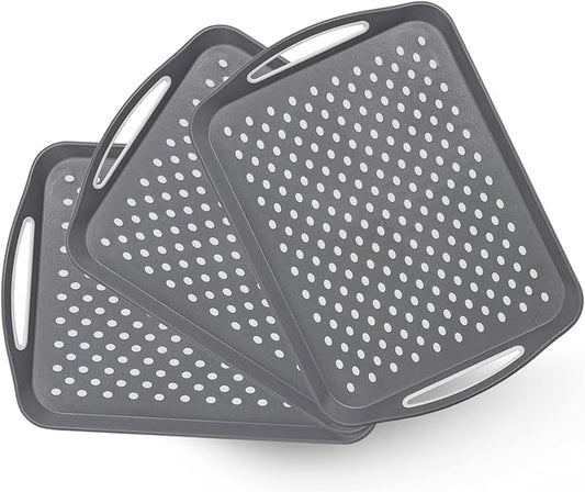 17.7" x 12.5" Anti-Slip Serving Trays with Handles, 3 Pcs X-Large Rectangular Food Serving Tray for Lap, Reusable and Durable, Grey