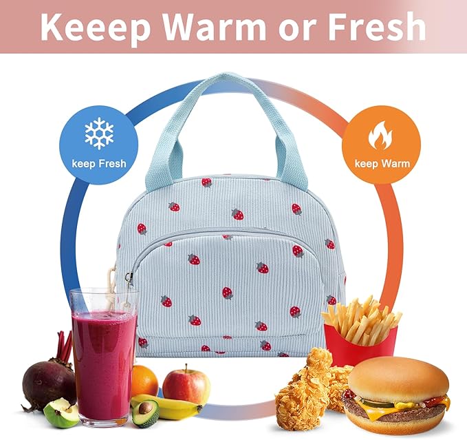 Lunch Bag Women Lunch Box for Women Adult Cute Insulated Lunch Bag Small Cooler Lunch Tote Bags for Work Picnic School (Blue-Strawberry)