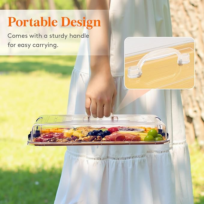 Lifewit 1 Compartment Melamine Charcuterie Board, 11 x 14 Inch Portable Cheese Board with Plastic Lockable Clear Lid, Travel Charcuterie Board Serving Platter with Cover for Snacks, Fruit, Appetizers