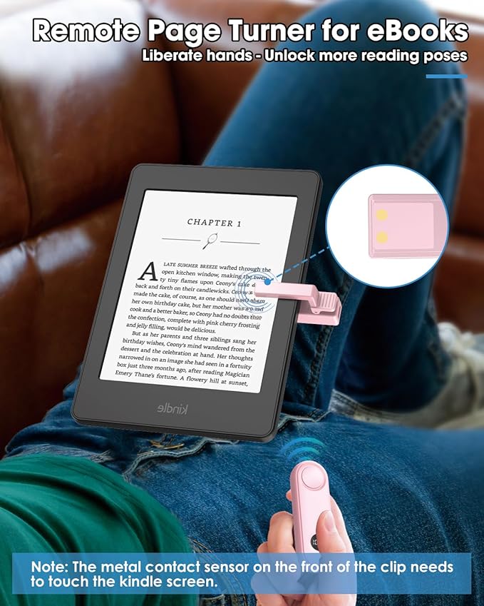 Remote Page Turner for Kindle Reading Accessories, Clicke for iPad iPhone Android Tablets E-Book Reading Noels, Camera Remote Shutter Selfie Controller, Pink