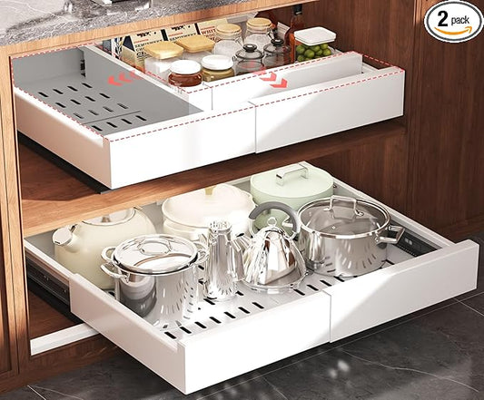 2 Pack Pull Out Cabinet Organizer Expandable Width(13"-21") and Depth(13"-17"),Slide Out Drawers With Raising Pad for Framed Cabinets,No Drill Roll Out Shelves for kitchen,Bathroom,White