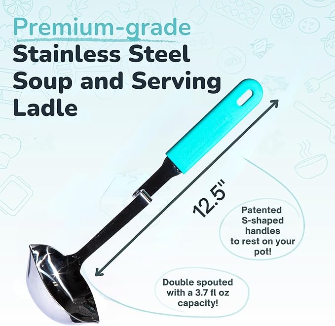 Souper Cubes + Lori Greiner No Mess Stainless Steel Soup Ladle with Silicone Handle - Metal Soup Ladle with No Mess Design That Hooks on Side of Any Pot - Aqua