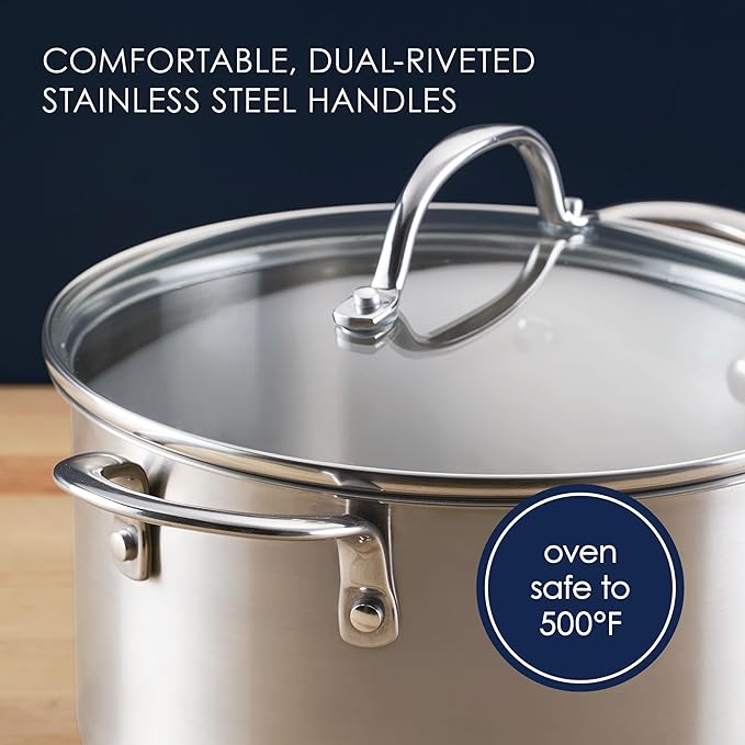 Rachael Ray Professional Stainless Steel Stockpot with Lid, Compatible with All Cooktops, Induction Ready, Dishwasher Safe, 6 Quart Stock Pot - Stainless Steel