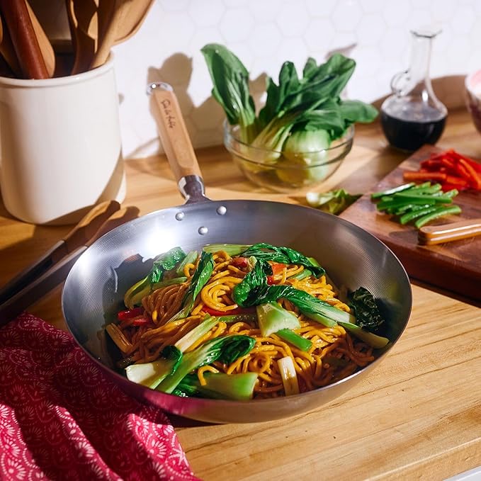 Sur La Table 12" Carbon-Steel Wok, Flat Bottom Pan for High-Heat Cooking – Ideal for Deep-Frying, Steaming, and Stir-Frying– Lightweight, Fast Heating