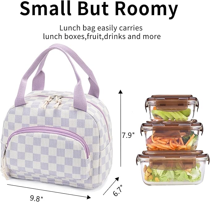 Lunch Bag Women Lunch Box for Women Adult Cute Insulated Lunch Bag Small Cooler Lunch Tote Bags for Work Picnic Travel(Beige-Purple Plaid)