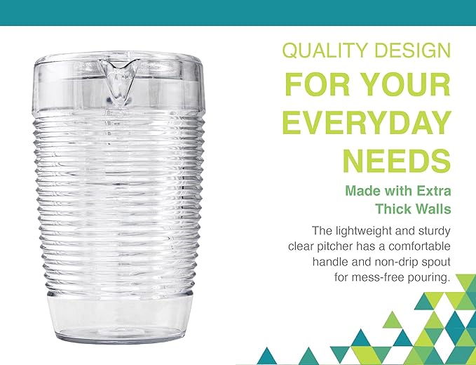 Arrow Home Products Clear Plastic Beverage Pitcher with Lid, 76 Ounce - Thick-Walled Modern Coil Design, Made in the USA - Fill with Ice Water, Iced Tea or Juice - BPA Free, Dishwasher Safe