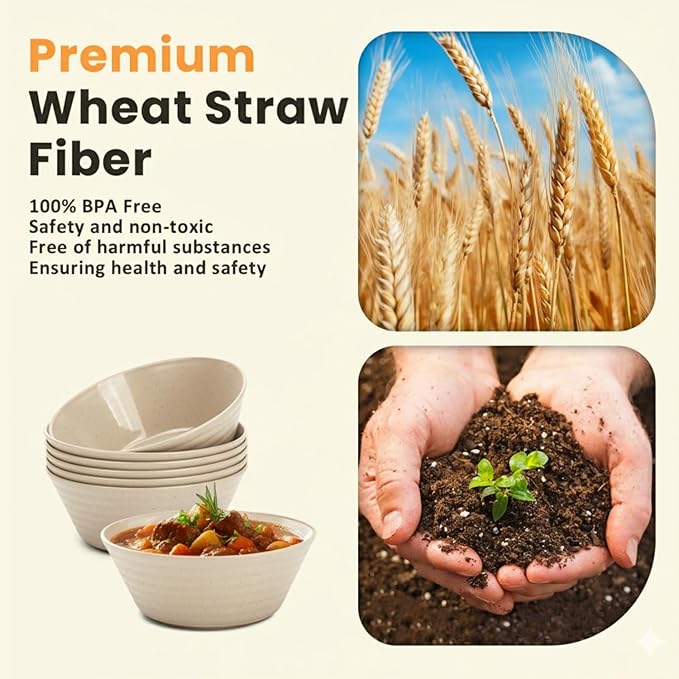 Homienly Premium Wheat Straw Bowls, Unbreakable Large Cereal Bowl Set of 6, Alternative to Plastic Bowls, Microwave & Dishwasher Safe 50 OZ Big Bowl for Home, Outdoor- Beige