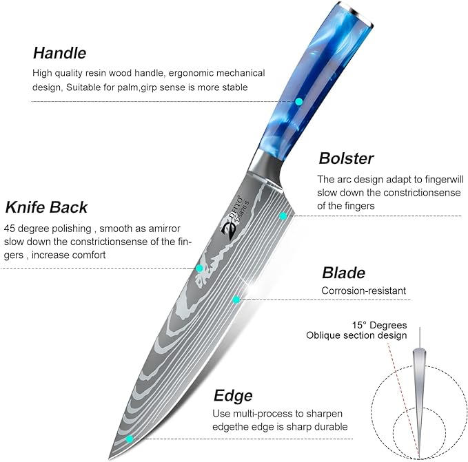 Dfito Chef Knife Sets with Roll Bag, 9 Pieces Professional Knife Set, High Carbon Stainless Steel Kitchen Chef Knife Set, Blue Resin Handle, Dishwasher Safe