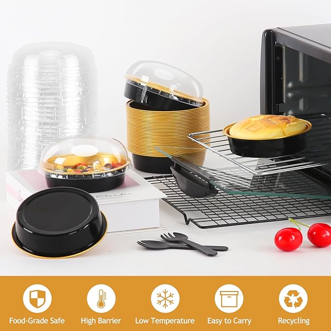 LNYZQUS 8oz Mini Cake Tins with Dome Lids 50 Pack, Small Pie Pans 4” Aluminum Foil Baking Pans Cups,Disposable Ramekins Individual Cake Containers Holders for Tart Quiche Flan-Black