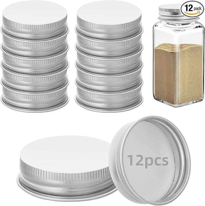 12 Pcs Silver iron Lids Lids for 4 oz and 6 oz Square Spice Jars Reusable Can Airtight Spice Storage Canning Lids for Nice Sealing Kitchen (12)