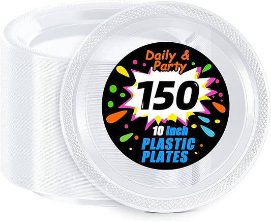 WELLIFE Clear Party Plates 10 Inch -150 Count for Party, Disposable Plastic Dinner Plates for Birthday Wedding Engagement Easter