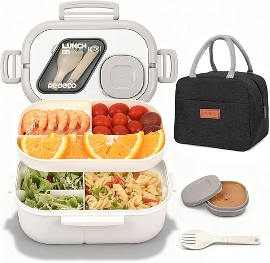 All-in-one Bento Lunch Box Set for Adults & Kids with Insulated Bag, Leakproof 3-Compartment and 2-Tier Stackable Container with Portable Sauce Pod, Microwave/Dishwasher Safe, BPA-Free (White)
