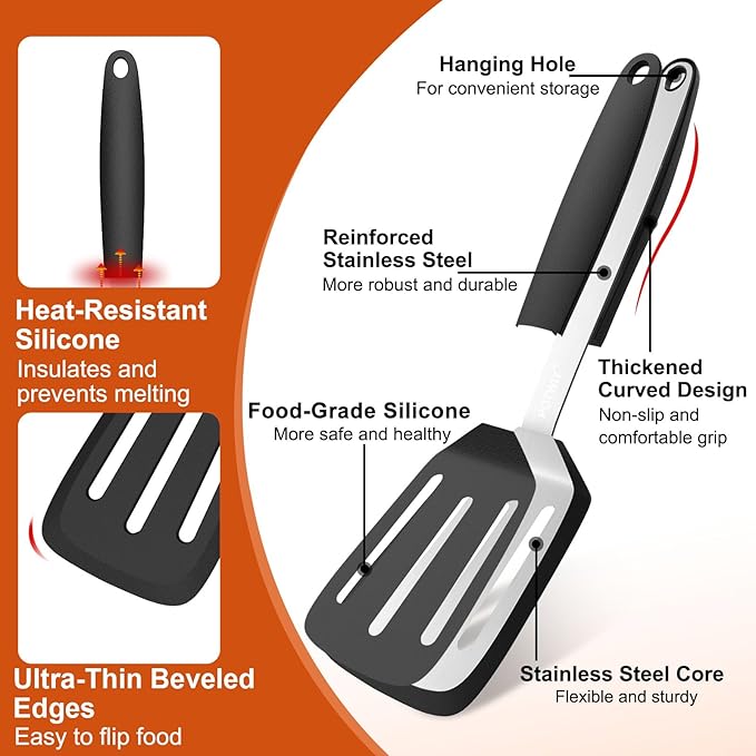 Silicone Spatula, 13 x 3.2 In, 600°F Heat Resistant Kitchen Spatula, BPA Free, Flexible Turner For Non Stick Frying Pan, Cooking, Flipping Egg and Pancake, Dishwasher Safe, Black