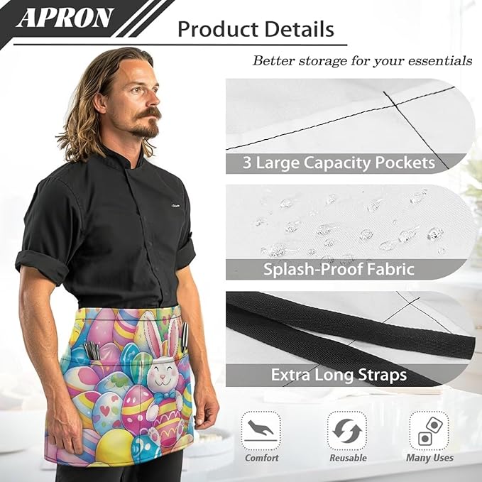 Server Waitress Waist Apron with 3 Pockets, Short Aprons for Servers,Waiter Apron For Waiter Accessories