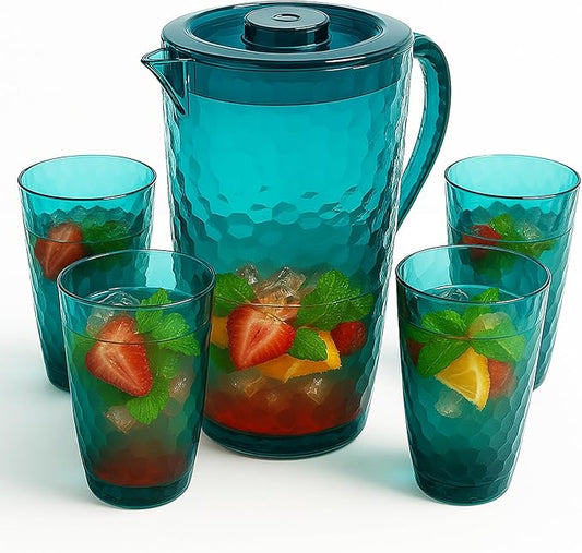 84 oz Crystal-Clear Pitcher with 4 Tumblers Set, BPA-Free Food-Grade Jug with 3-Position Lid & Spout – Large Beverage Pitcher for Party, Iced Tea, Lemonade, Sangria, Fridge– Teal Blue