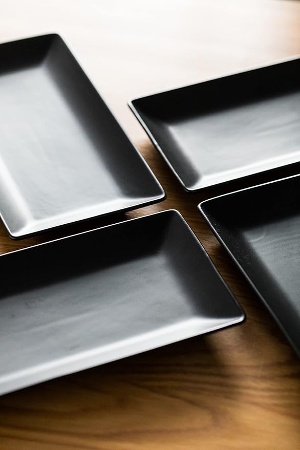 LAUCHUH Serving Platters, 10” Porcelain Serving Tray Sushi Plates Rectangular Platters for Christmas, Thanksgiving, Sushi, Dessert Cake, Appetizers, Meat, Set of 4, Black