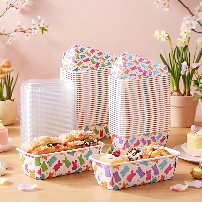 LemonRoad 100 Pcs Easter Bunny Mini Loaf Pans with Lids 6.3 x 2.2 x 2.2 Inch Disposable Paper Baking Pans Bulk, Easter Baby Shower Baking Party Supplies for Cake Bread Oven Bakery