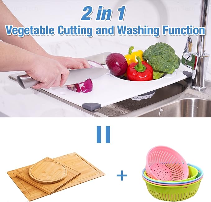 NiHome Over the Sink Cutting Board with Collapsible Colander, 2-In-1 Sink Drainer Board 11"x17.7" Anti-Slip Cutting Board and Detachable Draining Basket with Ergonomic Handle PP Plastic and TPR Rubber