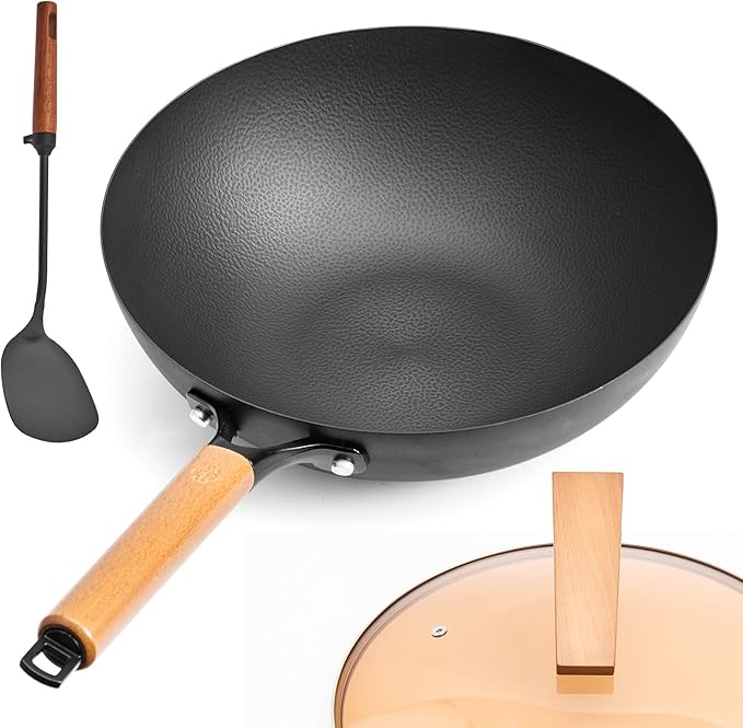 WANGYUANJI 12.6" Carbon Steel Wok with Glass Lid & Detachable Wood Handle, Heavy Duty Thick Gauge Flat Bottom Wok Pan for Induction, Gas & Electric Stoves, Unseasoned Asian Stir Fry Pan
