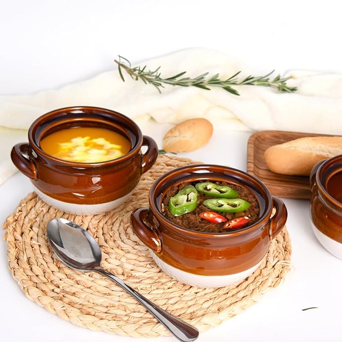 French Onion Soup Bowls with Handles, 28 oz Ceramic Soup Crocks Oven Proof Soup Bowls for Chilli, Cereal, Pot Pies - French Onion Soup Crocks, Oven, Broil & Dishwasher Safe, Set of 4