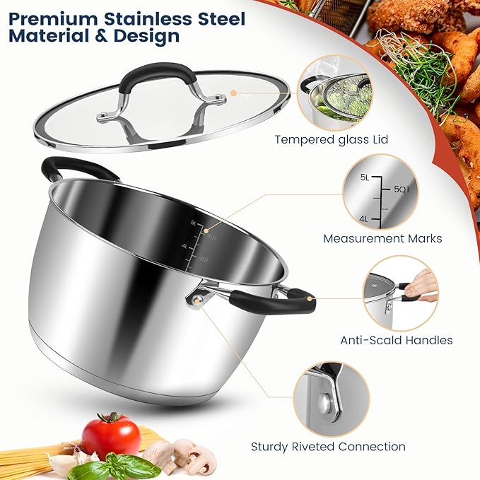 AOSION 6 Quart Stainless Steel Stock Pot with Lid, Deep Fryer Basket for Kitchen Colander Frying Cooking Steaming, 6QT Large Stock Pot for Cooking, Induction Ready, Compatible with All Stoves