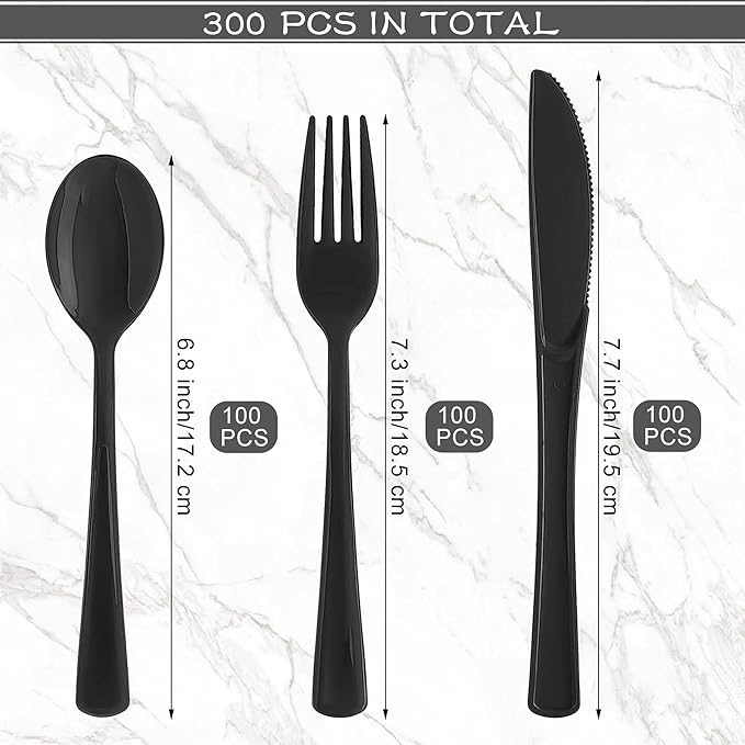 Kochorie 300 Pieces Graduation Black Plastic Silverware Heavy Duty Plastic Cutlery Set Heavyweight Disposable Utensils Includes Spoons Forks Knifes for Birthday Party Prom Night Wedding Dinner