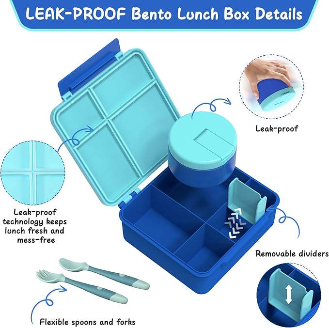 Bento Lunch Box Kids with 8oz Soup Thermo, Leak-Proof Lunch Containers with 4 Compartment, Thermo Hot Food Jar and Insulated Lunch Box for School Blue