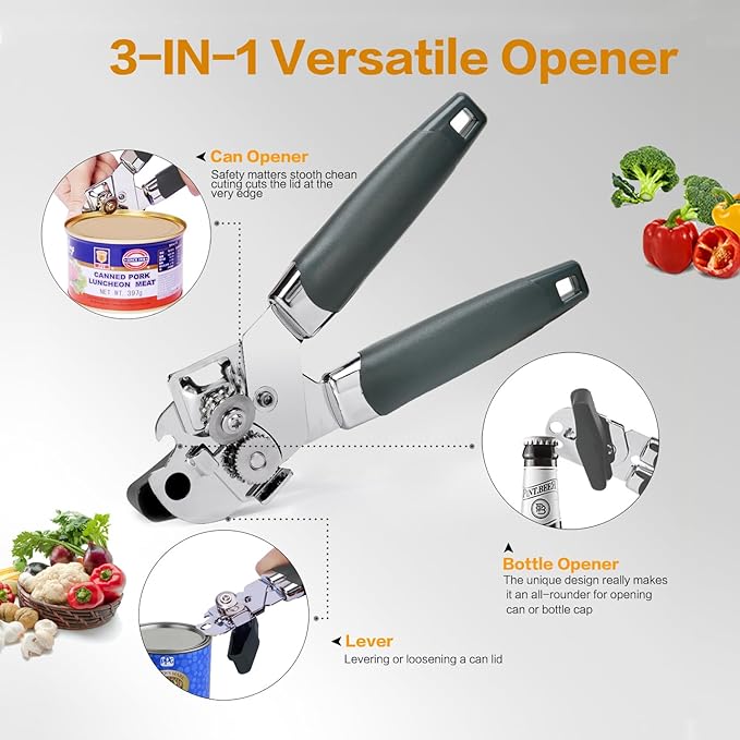 Can Opener, 3-In-1 Manual Can Openers, Cordless Tin Opener with Lids off Jar Opener and Bottle Opener in One, Smooth Edge and Heavy Duty Stainless Steel Sharp Blade