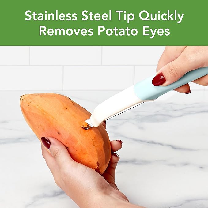 Tovolo Vegetable Peeler with Ultra Sharp Stainless Steel Swivel Blade Non Slip Handle, Multi Functional Dishwasher Safe Kitchen Wide Ribbon Potato Peeler for Fruit Veggies Carrots Apples, Blue Haze