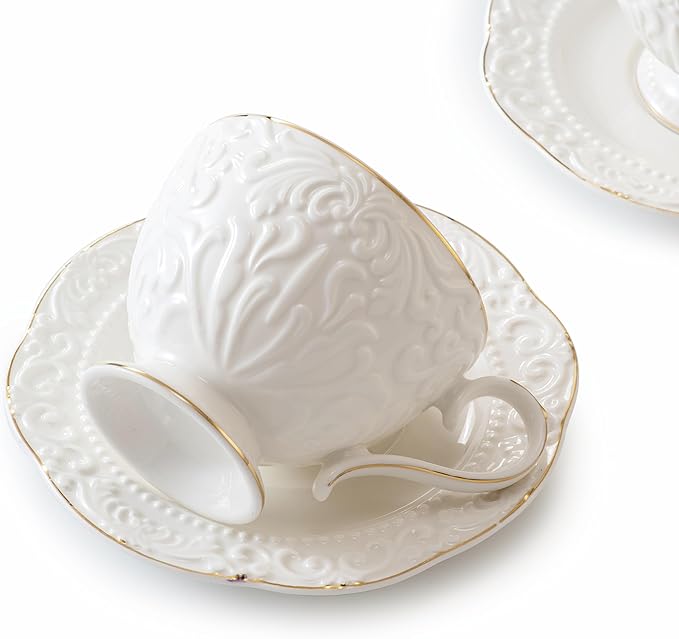 Cups and Saucers Tea Cups Set of 2, Ceramic Coffee Cups with Floral Embossed Design, 200ml (7 oz) Tea Cups and Saucers Porcelain Mugs for Birthday Party Cafe Home Gift