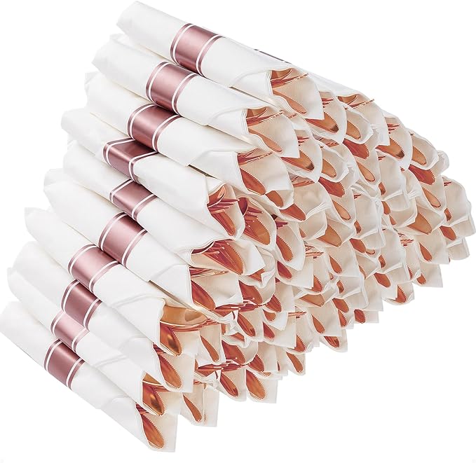 Goodluck 50 Pack Pre Rolled Rose Gold Plastic Silverware, Wrapped Plastic Cutlery Set with Napkin Include 50 Forks, 50 Knives, 50 Spoons and 50 Napkins, Fancy Disposable Silverware for Party, Wedding
