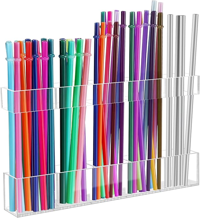 9.5" Large Acrylic Straw Holder for Cabinet Door - Reusable Tumbler Straw Organizer Storage, Small Kitchen Accessories Container, Ultra Sticky Cupboard Door Mounted (Transparent)