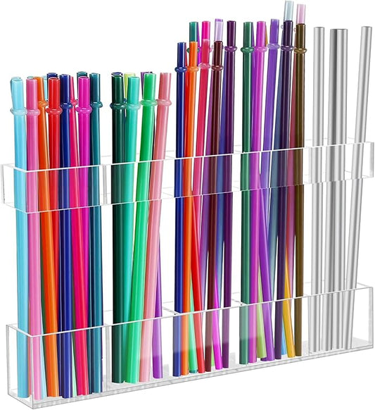 9.5" Large Acrylic Straw Holder for Cabinet Door - Reusable Tumbler Straw Organizer Storage, Small Kitchen Accessories Container, Ultra Sticky Cupboard Door Mounted (Transparent)