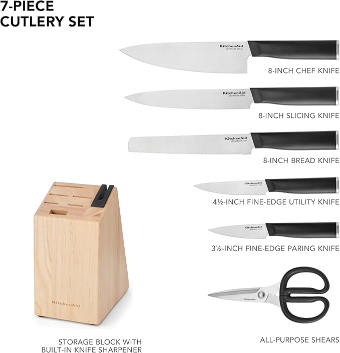KitchenAid Classic 7-Piece Natural Knife Block Set with Built-In Sharpener, High-Carbon Japanese Stainless Steel Knives, Black