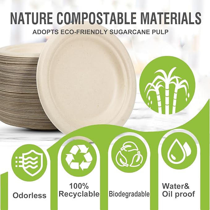 Disposable Large Paper Plates 9 Inch (Brown) - 100 Counts Heavy Duty Natural Bagasse Plates, Compostable & Leak-Proof, Microwave Safe for Thanksgiving Feast, Outdoor BBQ Ribs & Rustic Wedding