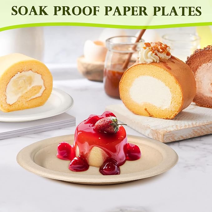 Small Paper Plates 6 inch, Compostable Eco Friendly Disposable Plates for Appetizer, Cake, Dessert, Brown