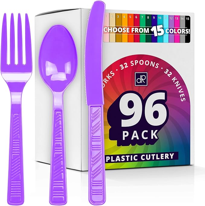 DecorRack Plastic Cutlery Set, Purple Colored Plastic Silverware Sets for Parties, 96 Piece Bulk Heavy Duty Utensils (Purple, 96 Pieces)
